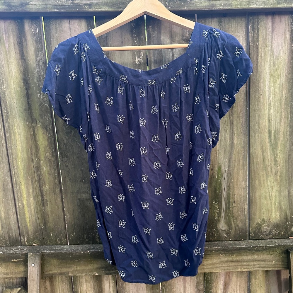 LOFT Navy Blue Butterfly Print Square Neck Flutter Sleeve Blouse Sz Medium - Picture 6 of 9